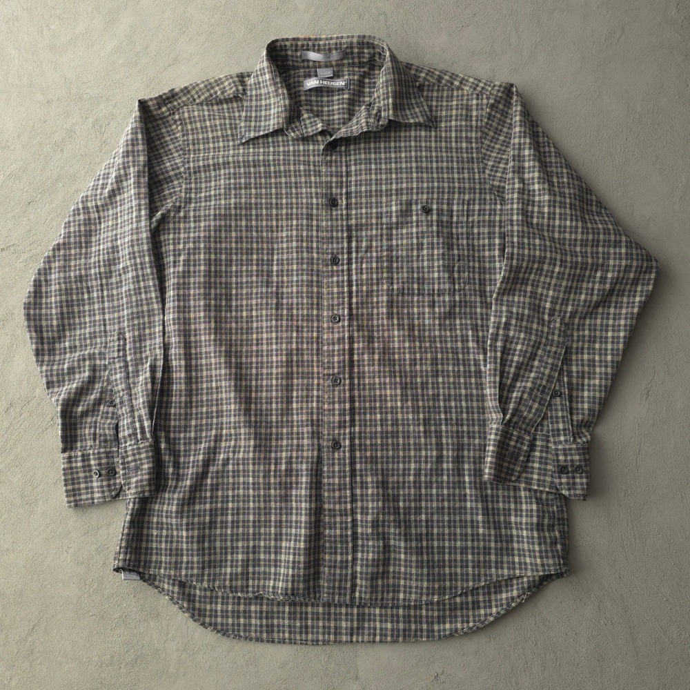 Vintage 90s Van Heusen Brown Plaid Button Up Shirt 15 32/33 Long Sleeve
